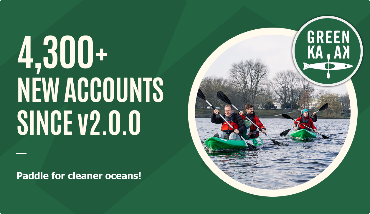 Graphic with a solid green backround, circular image shows people kayaking on a river, with the words 4,300+ new accounts since v2.0.0. Paddle for cleaner oceans.