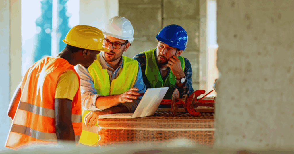 Construction site manager reviewing project plans on a tablet using custom software