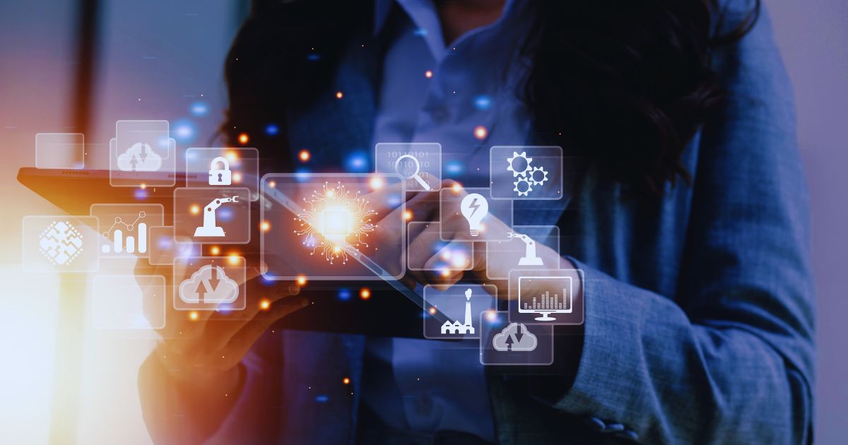 A person holding a tablet is in the background, and digital graphics representing different tools are overlaid on top