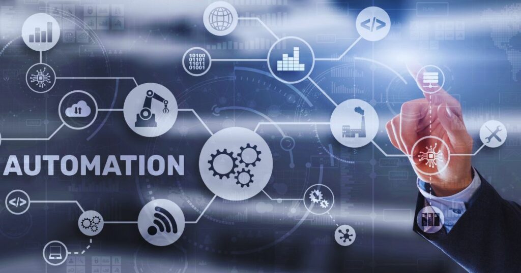 A hand is selecting digital automation graphics that are overlaid over the image of the hand