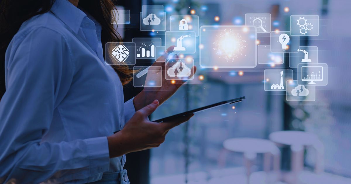 A person holding a laptop is in the background, and digital graphics representing different tools are overlaid on top