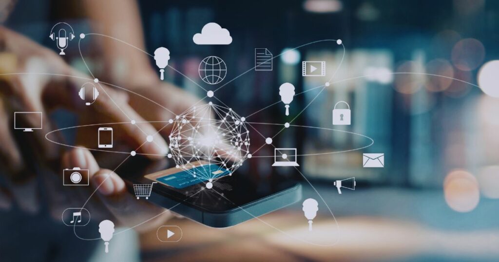 A person holding a mobile phone is in the background, and digital graphics representing mobile apps are overlaid on top